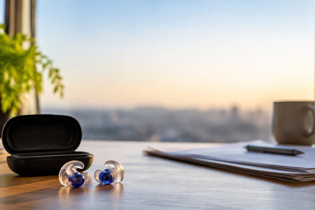 Bouchons d'oreilles sur mesure avec leur étui sur un bureau devant une fenêtre ensoleillée.