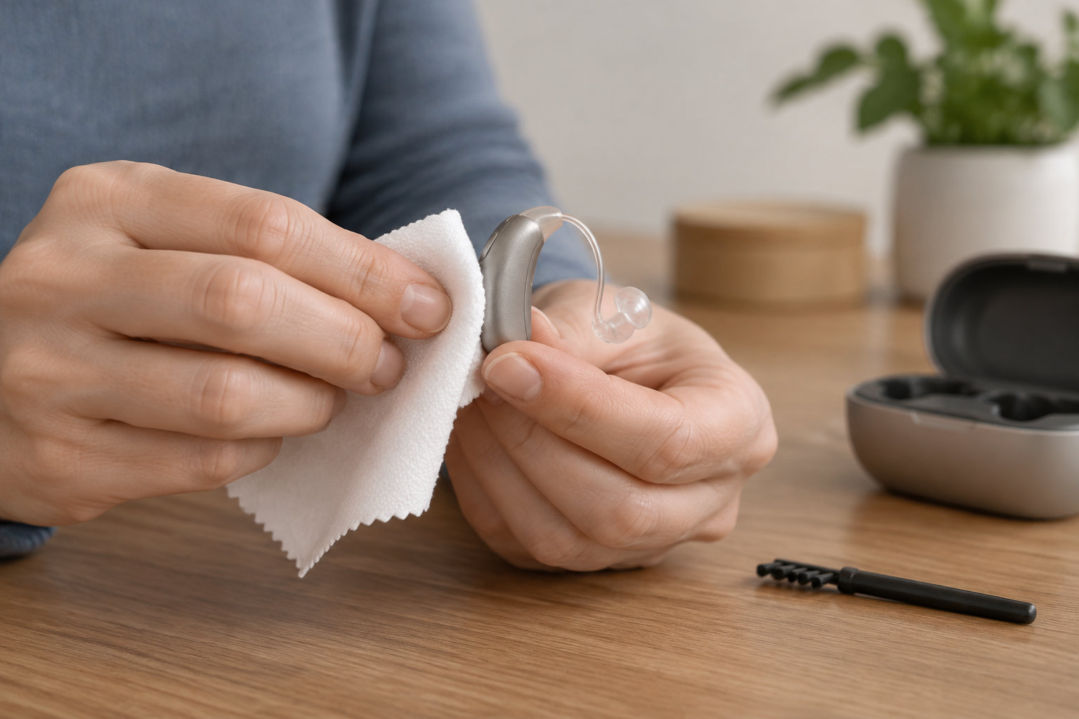Une personne nettoie un appareil auditif avec un chiffon, près d’un étui ouvert et d’une petite brosse posés sur une table en bois.