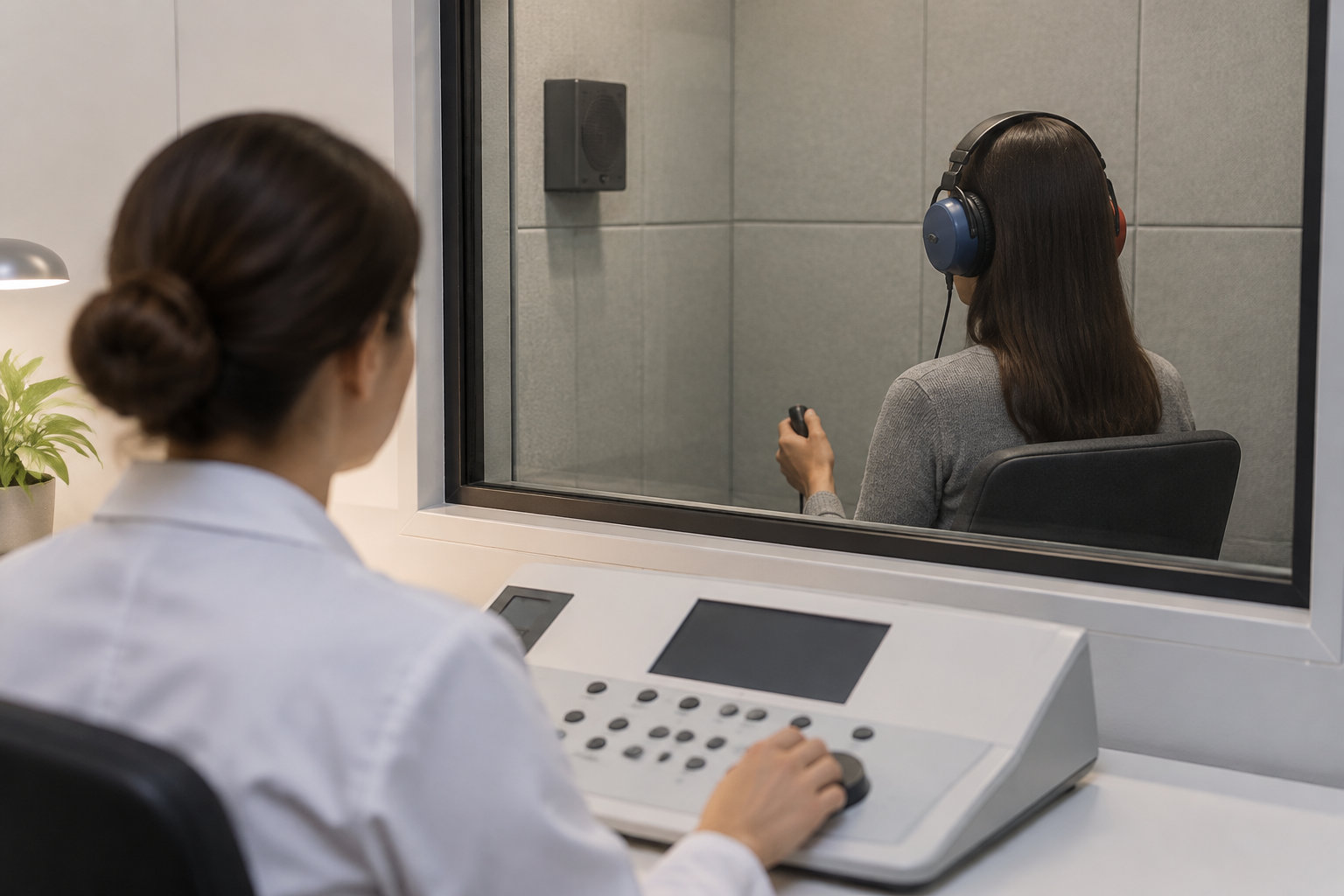 Une femme assise dans une cabine porte un casque audio et tient une poignée, tandis qu’une autre personne observe depuis une console de commande derrière une vitre.