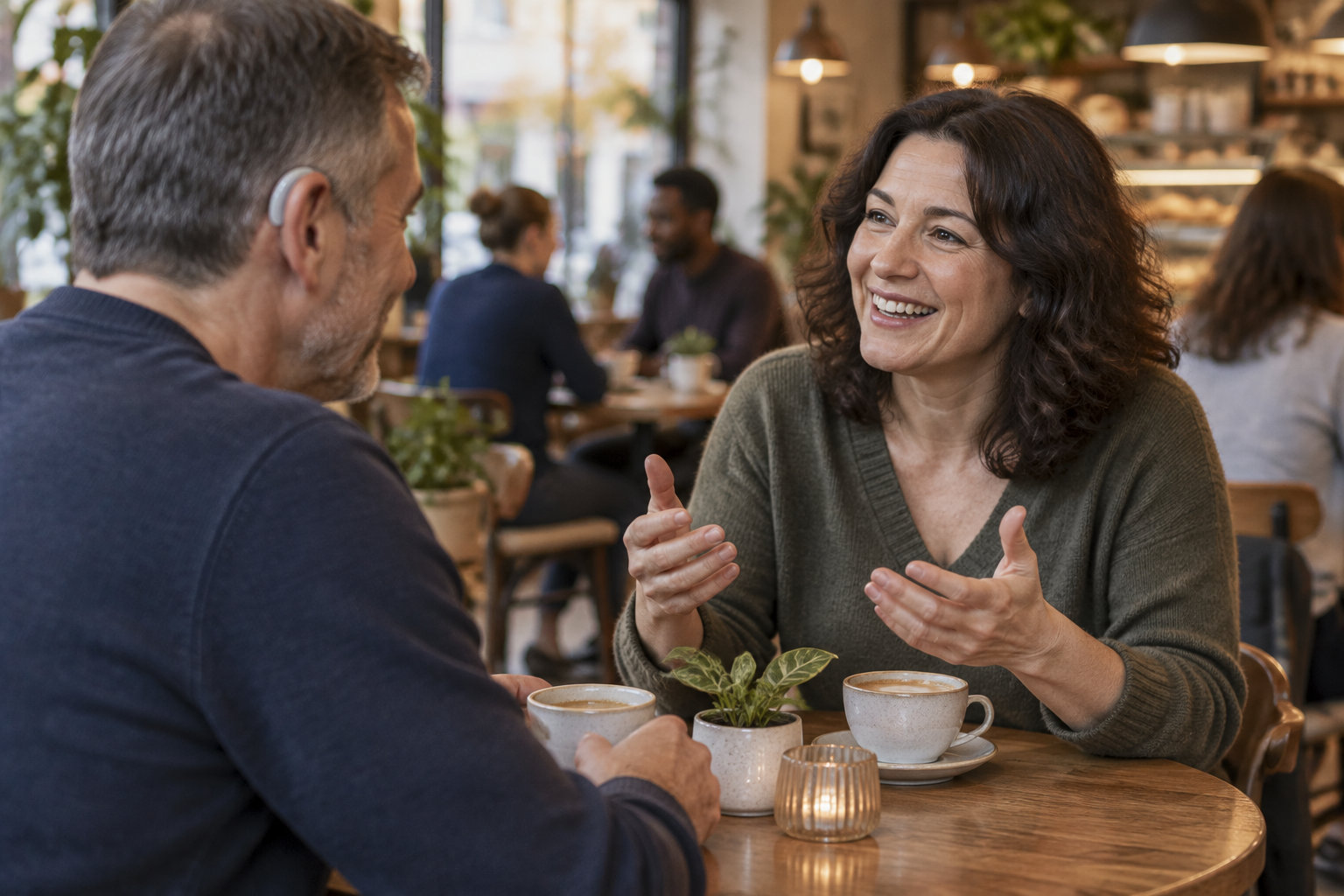 Une femme souriante parle en gesticulant avec un homme autour de deux tasses de café dans un café.