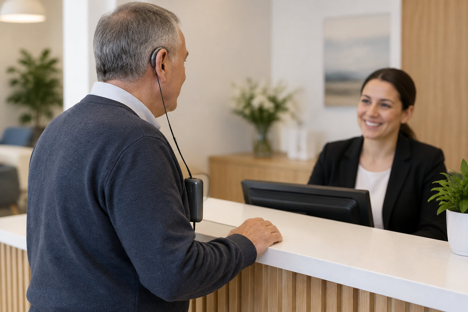 Un homme portant un appareil auditif échange avec une réceptionniste souriante derrière un comptoir d’accueil.