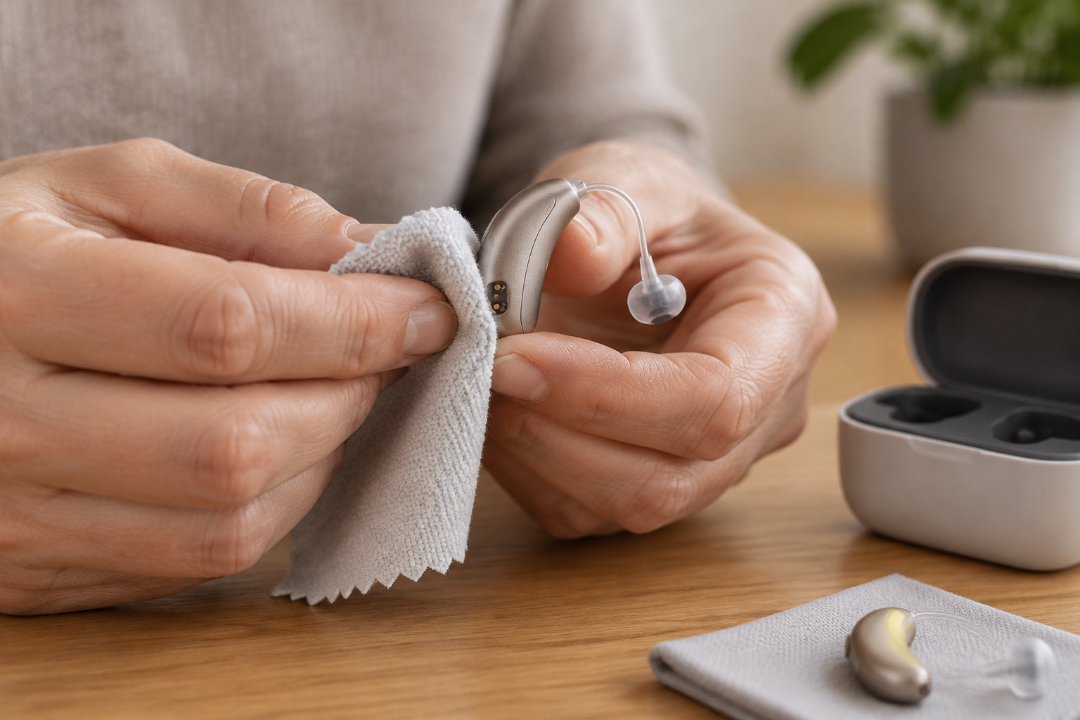Des mains nettoient un appareil auditif avec un chiffon, près d’un étui ouvert et d’un second appareil posé sur la table.
