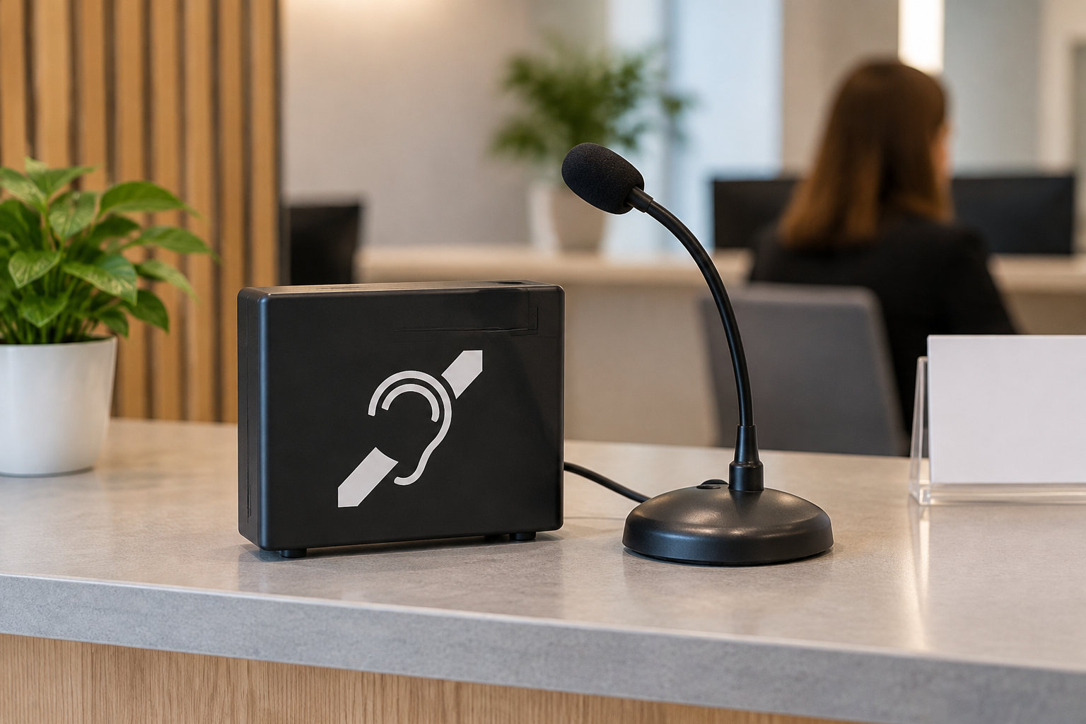Un microphone sur pied et un boîtier noir portant un symbole d’oreille sont posés sur un comptoir, avec une plante et une personne assise en arrière-plan.