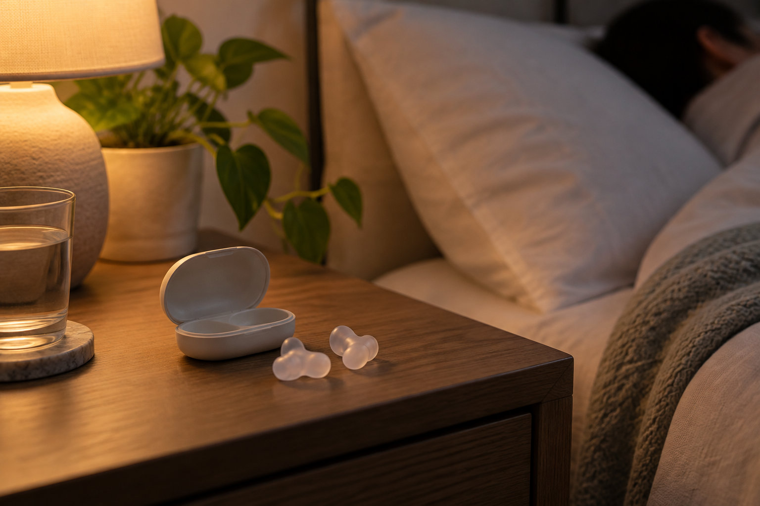 Une boîte ouverte contenant des bouchons d’oreille repose sur une table de chevet en bois, près d’un verre d’eau, d’une lampe et d’une plante, avec un lit en arrière-plan.