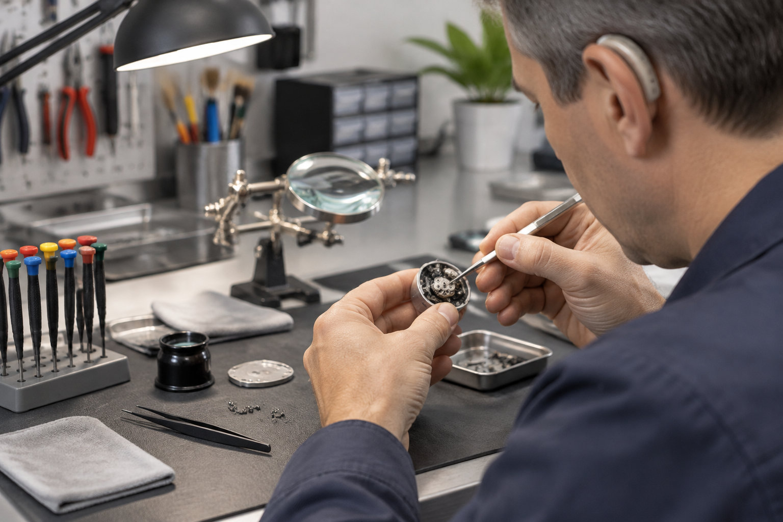 Un homme équipé d’une aide auditive examine un petit mécanisme avec une pince dans un atelier, entouré d’outils de précision et d’une loupe.