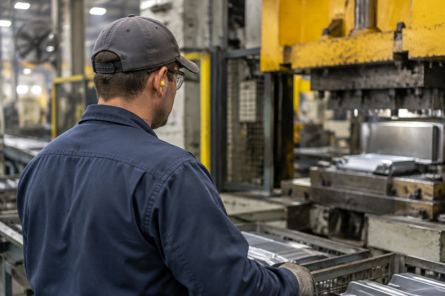 Un ouvrier portant une casquette, des lunettes de protection et des bouchons d’oreilles travaille près de machines industrielles dans une usine.