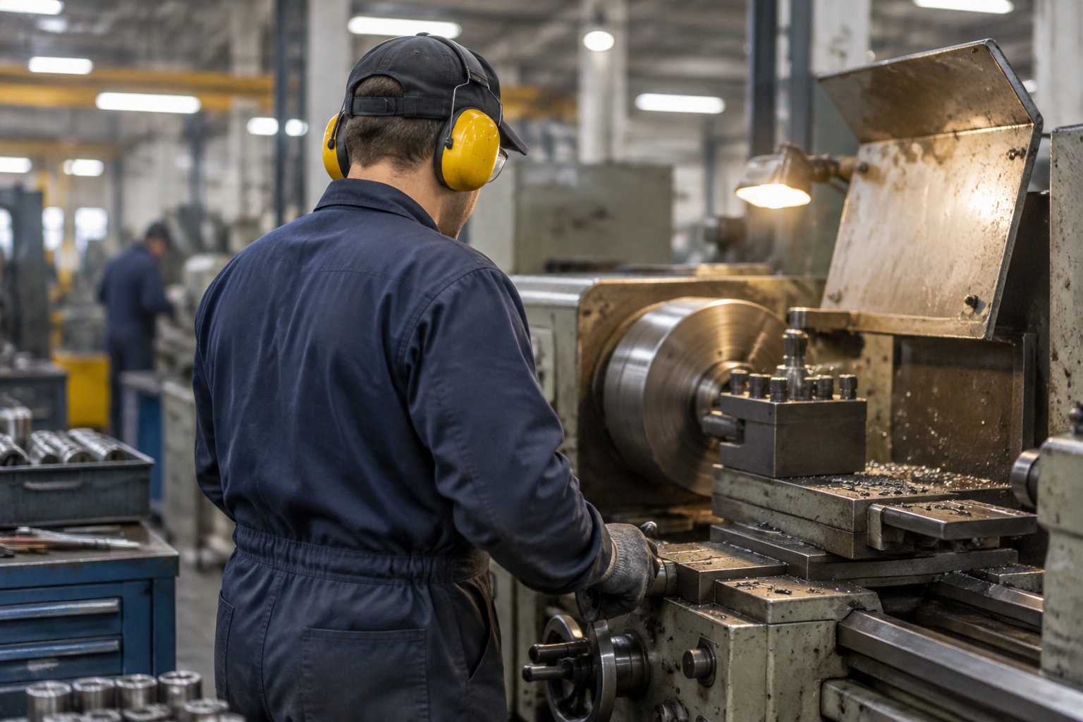 Un ouvrier portant une combinaison, une casquette et un casque antibruit travaille sur un tour dans un atelier industriel.