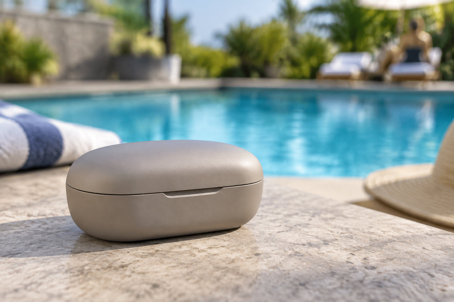 Un étui beige fermé est posé sur une margelle en pierre au bord d’une piscine, avec une serviette roulée et un chapeau de paille à proximité.