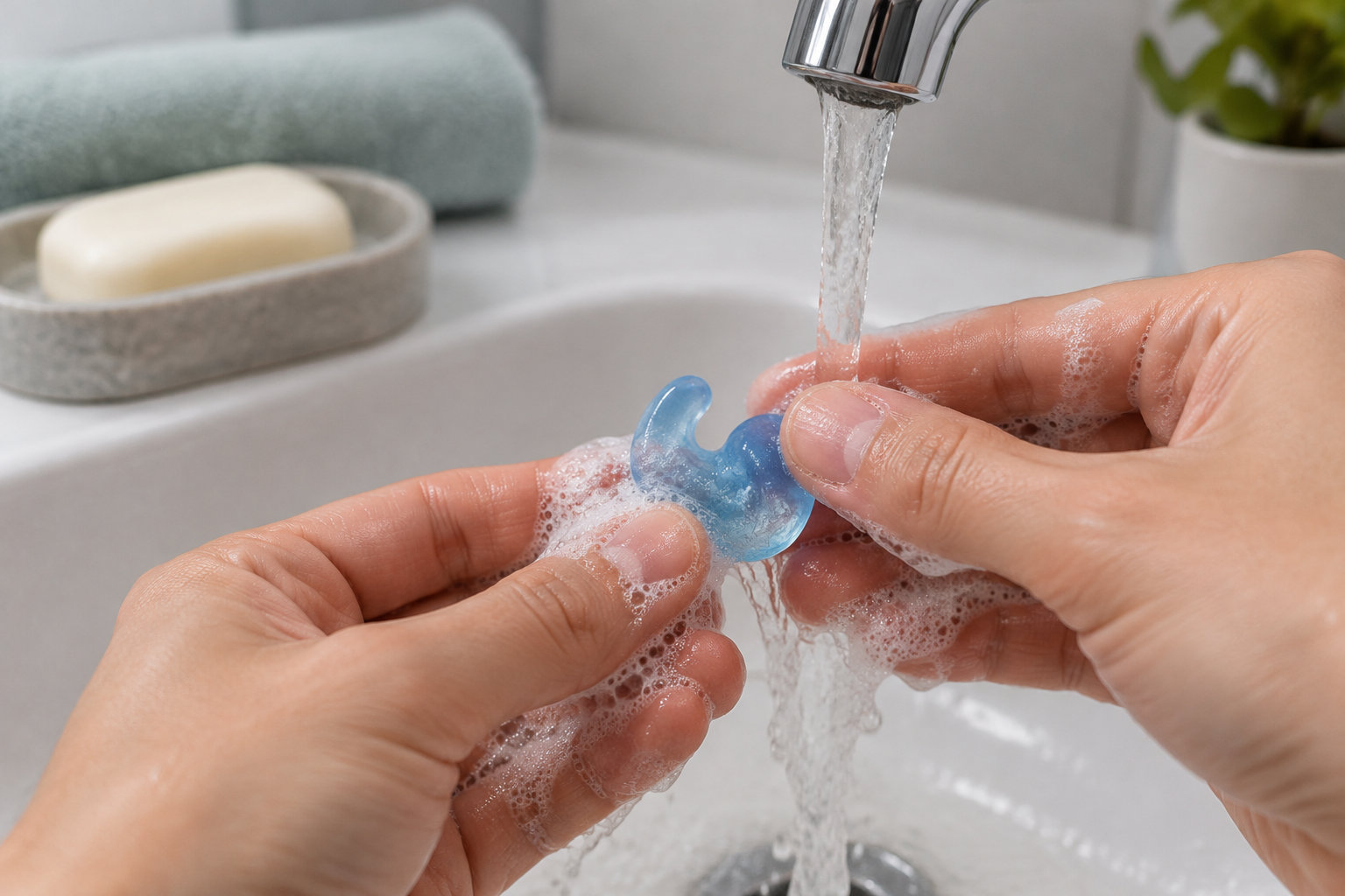 Deux mains savonneuses rincent une tétine bleue sous un robinet, près d’un porte-savon contenant un pain de savon.