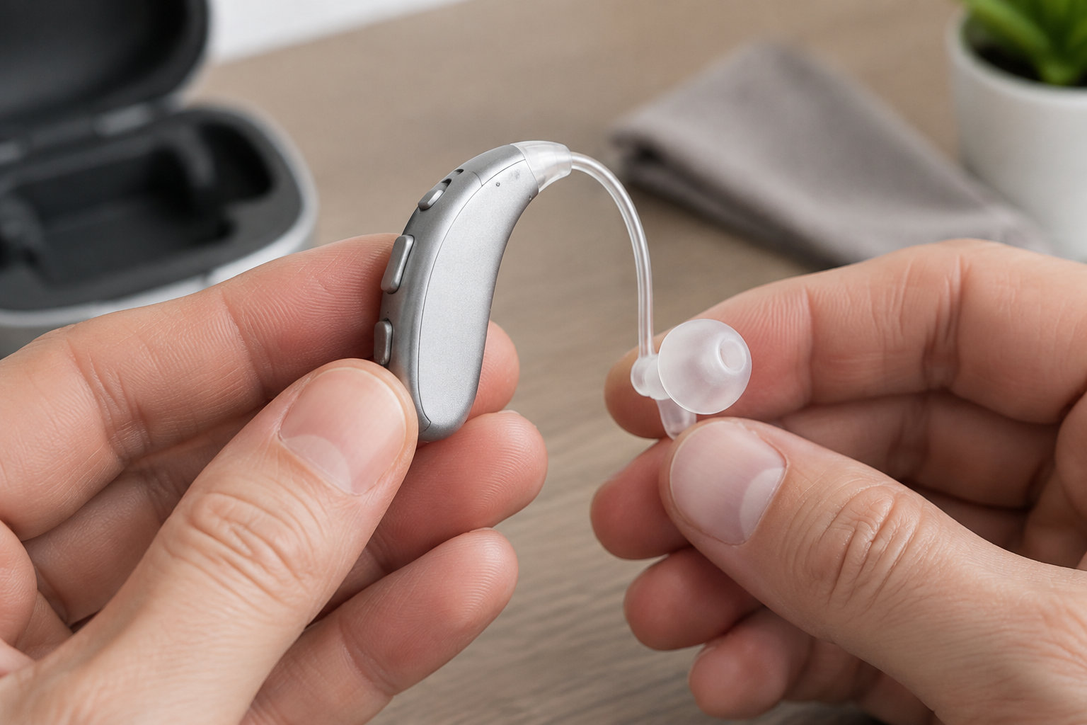 Deux mains tiennent un appareil auditif gris et son embout transparent au-dessus d’une table.