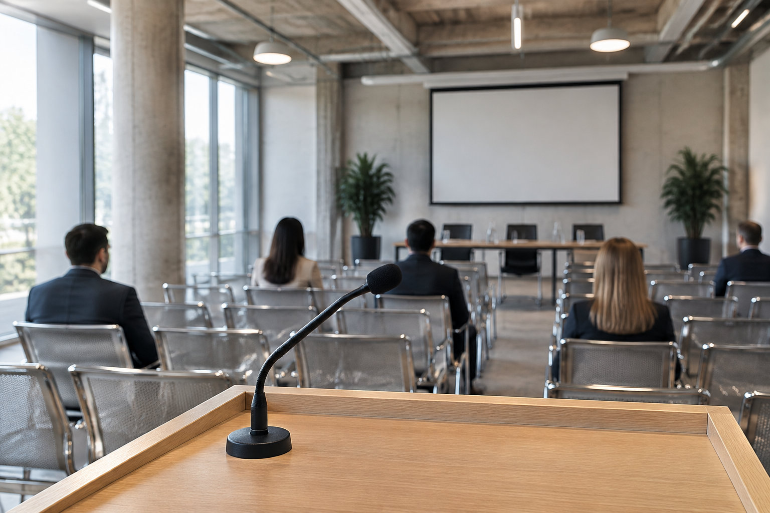 Un pupitre équipé d’un microphone fait face à quelques personnes assises dans une salle de conférence avec un écran blanc.