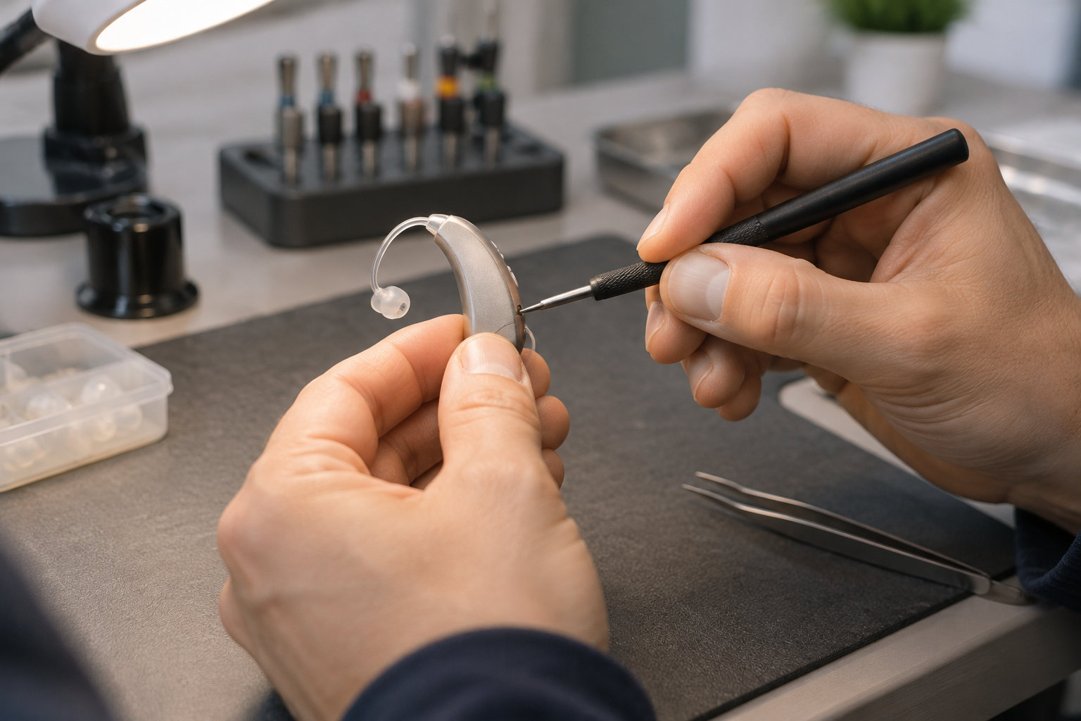 Des mains ajustent un appareil auditif avec un petit outil sur un établi équipé d’accessoires.