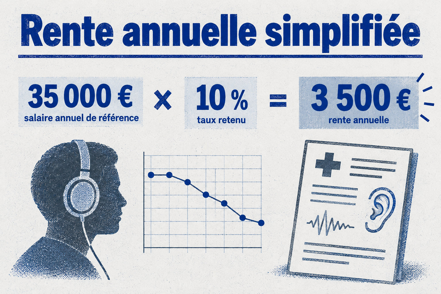 Le calcul simplifié applique un taux retenu de 10 % à un salaire annuel de référence de 35 000 €, donnant une rente annuelle de 3 500 €.